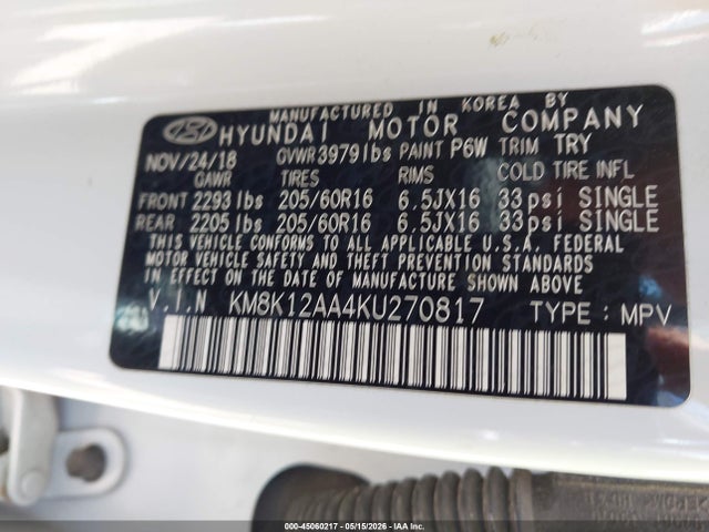 2019 Hyundai Kona Se მანქანა იყიდება აუქციონზე, vin: KM8K12AA4KU270817, აუქციონის ნომერი: 45060217