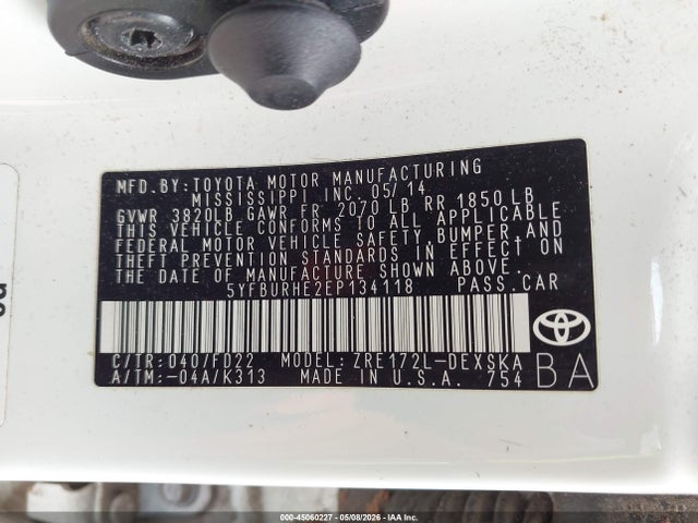 2014 Toyota Corolla S მანქანა იყიდება აუქციონზე, vin: 5YFBURHE2EP134118, აუქციონის ნომერი: 45060227