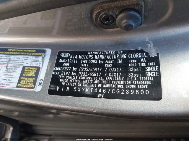 Aukcja sprzedaży 2012 Kia Sorento Lx, vin: 5XYKT4A67CG239800, numer aukcji: 45060234