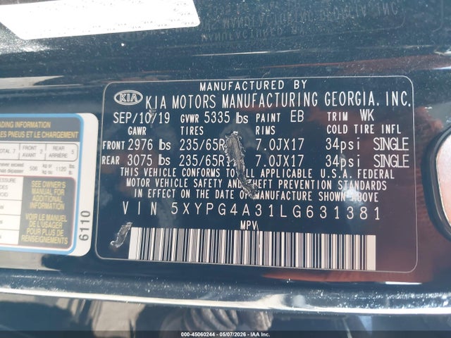 Aukcja sprzedaży 2020 Kia Sorento 2.4l Lx, vin: 5XYPG4A31LG631381, numer aukcji: 45060244