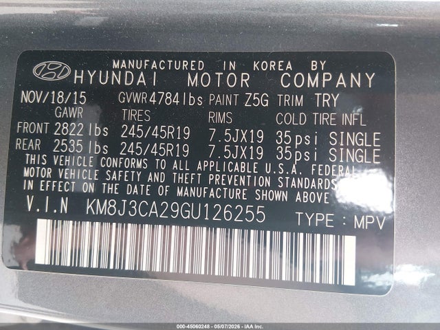 2016 Hyundai Tucson Limited მანქანა იყიდება აუქციონზე, vin: KM8J3CA29GU126255, აუქციონის ნომერი: 45060248