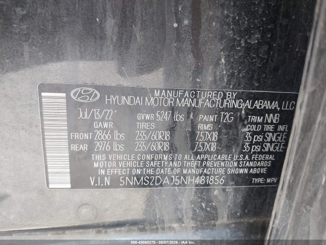 Продаж на аукціоні авто 2022 Hyundai Santa Fe Sel, vin: 5NMS2DAJ5NH481856, номер лоту: 45060270