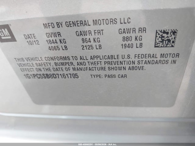 Продажа на аукционе авто 2013 Chevrolet Cruze 1lt Auto, vin: 1G1PC5SB8D7161705, номер лота: 45060291