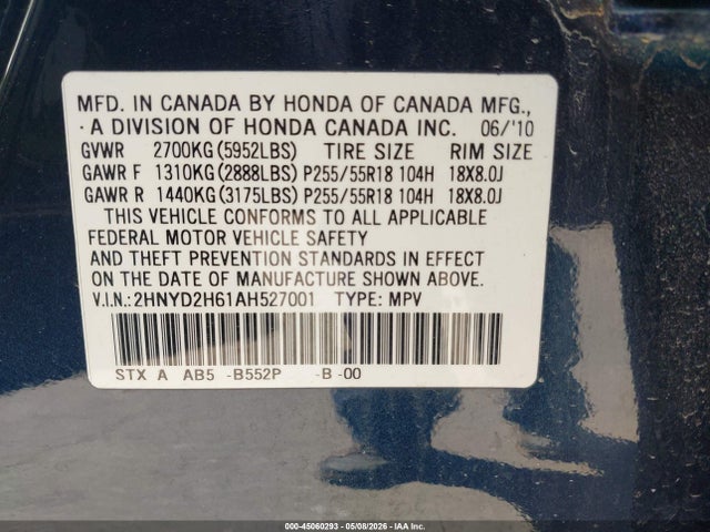 45060293 :رقم المزاد ، 2HNYD2H61AH527001 vin ، 2010 Acura Mdx Technology Package مزاد بيع