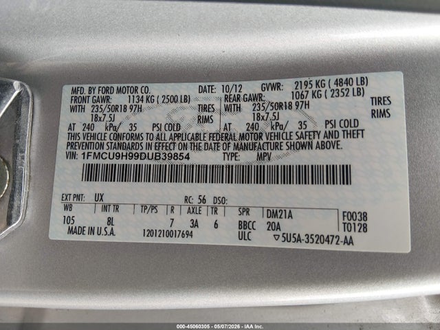 Auction sale of the 2013 Ford Escape Sel, vin: 1FMCU9H99DUB39854, lot number: 45060305