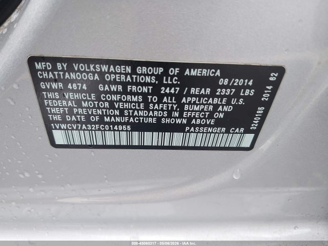 Aukcja sprzedaży 2015 Volkswagen Passat 2.0l Tdi Sel Premium, vin: 1VWCV7A32FC014955, numer aukcji: 45060317