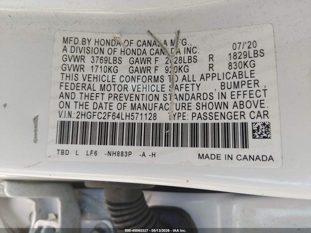 45060327 :رقم المزاد ، 2HGFC2F64LH571128 vin ، 2020 Honda Civic Lx مزاد بيع