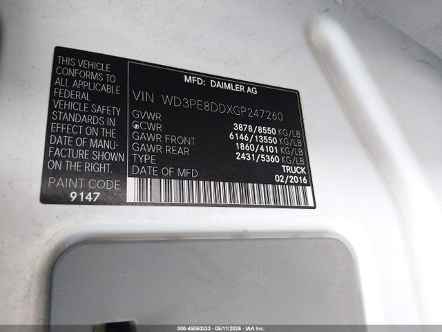 45060333 :رقم المزاد ، WD3PE8DDXGP247260 vin ، 2016 Mercedes-benz Sprinter 2500 High  Roof مزاد بيع