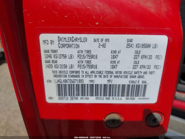 Aukcja sprzedaży 2002 Jeep Liberty Sport, vin: 1J4GL48K72W271893, numer aukcji: 45060346