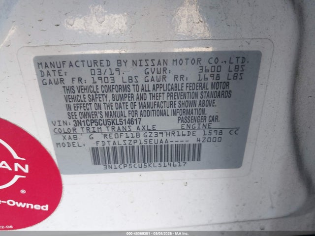 45060351 :رقم المزاد ، 3N1CP5CU5KL514617 vin ، 2019 Nissan Kicks Sv مزاد بيع