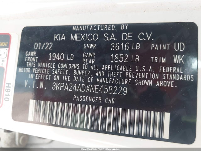 Продажа на аукционе авто 2022 Kia Rio S, vin: 3KPA24ADXNE458229, номер лота: 45060356
