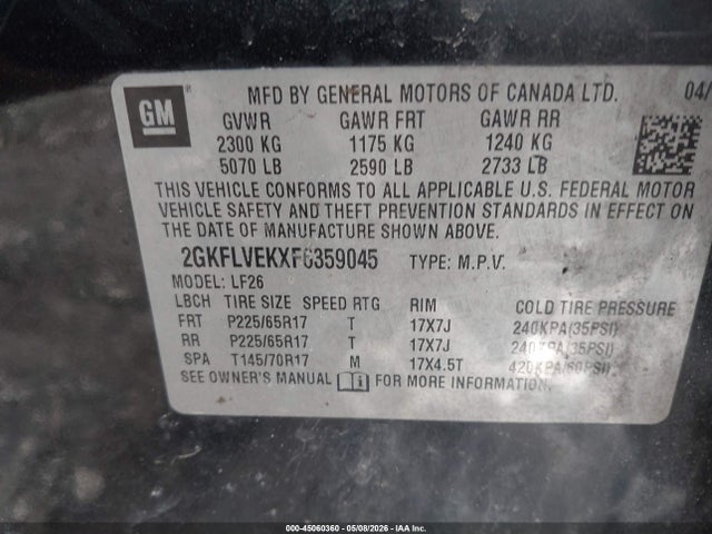 2015 Gmc Terrain Sle-1 მანქანა იყიდება აუქციონზე, vin: 2GKFLVEKXF6359045, აუქციონის ნომერი: 45060360