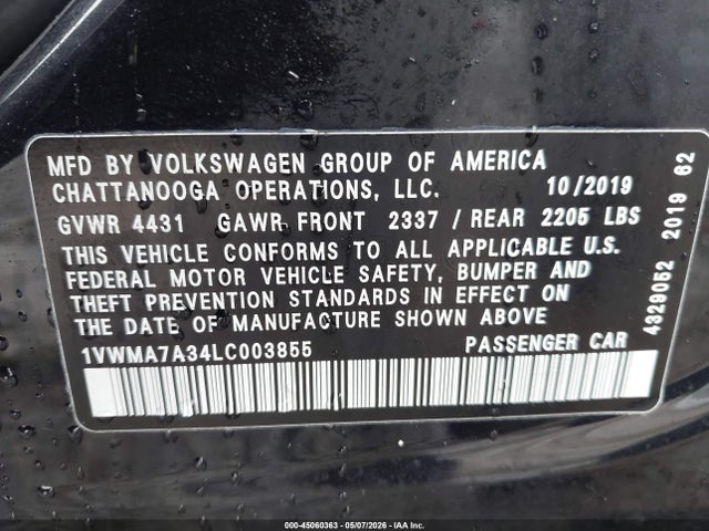 Aukcja sprzedaży 2020 Volkswagen Passat 2.0t R-line, vin: 1VWMA7A34LC003855, numer aukcji: 45060363