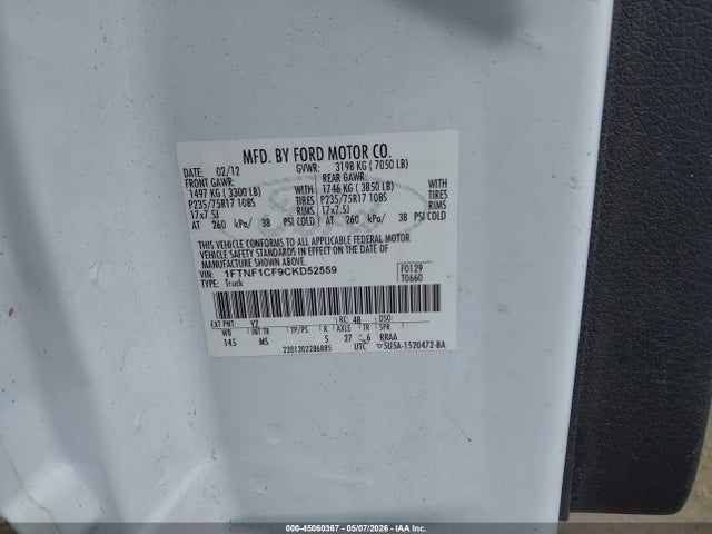 Продажа на аукционе авто 2012 Ford F-150 Xlt, vin: 1FTNF1CF9CKD52559, номер лота: 45060367