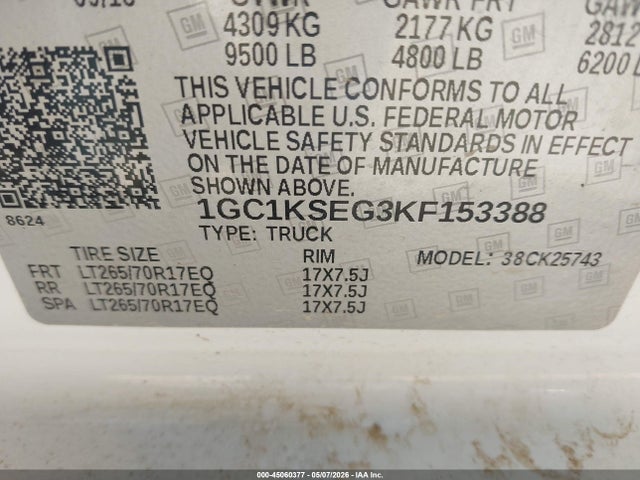45060377 :رقم المزاد ، 1GC1KSEG3KF153388 vin ، 2019 Chevrolet Silverado 2500hd Lt مزاد بيع