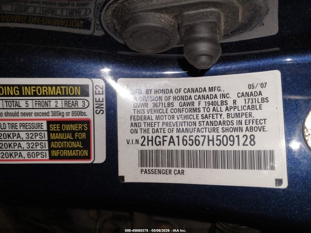 Продажа на аукционе авто 2007 Honda Civic Lx, vin: 2HGFA16567H509128, номер лота: 45060378
