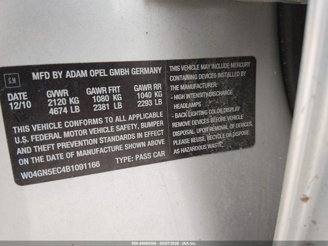 Продажа на аукционе авто 2011 Buick Regal Cxl Russelsheim, vin: W04GN5EC4B1091166, номер лота: 45060380