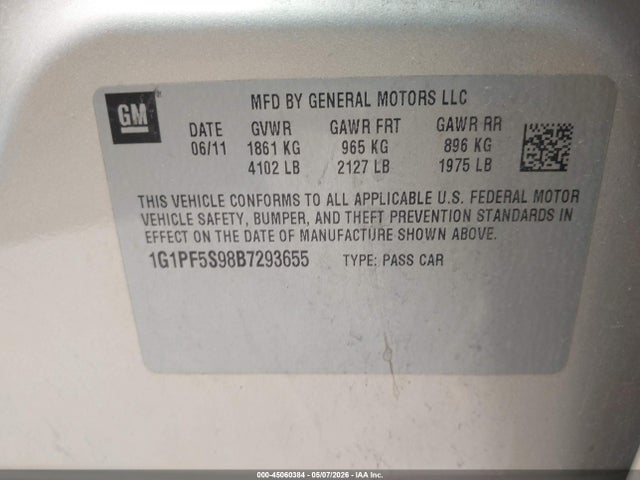 45060384 :رقم المزاد ، 1G1PF5S98B7293655 vin ، 2011 Chevrolet Cruze 1lt مزاد بيع
