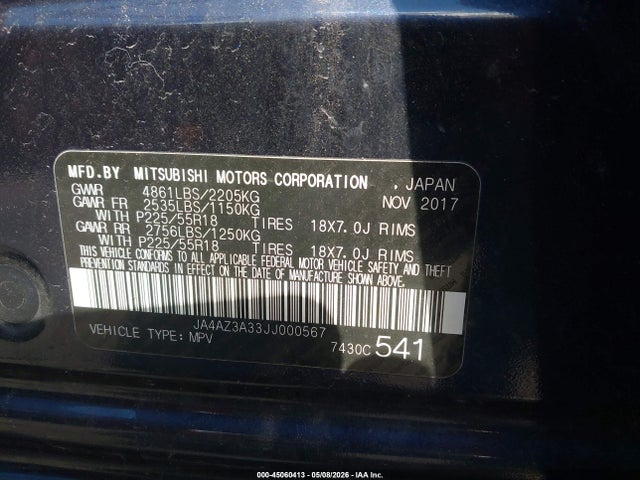 Auction sale of the 2018 Mitsubishi Outlander Sel, vin: JA4AZ3A33JJ000567, lot number: 45060413