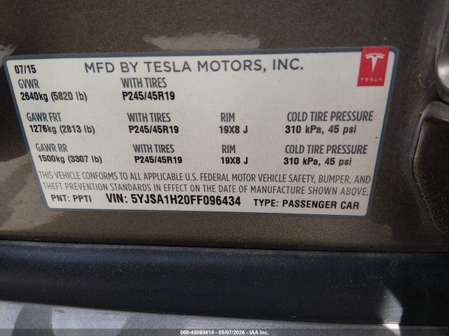 Aukcja sprzedaży 2015 Tesla Model S, vin: 5YJSA1H20FF096434, numer aukcji: 45060414