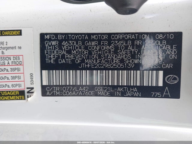 45060416 :رقم المزاد ، JTHFE2C29B2505139 vin ، 2011 Lexus Is 350c مزاد بيع