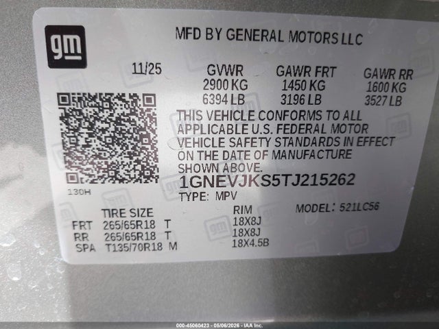 45060423 :رقم المزاد ، 1GNEVJKS5TJ215262 vin ، 2026 Chevrolet Traverse Awd Z71 مزاد بيع