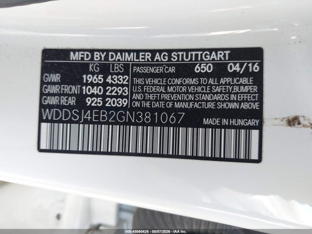 2016 Mercedes-benz Cla 250 მანქანა იყიდება აუქციონზე, vin: WDDSJ4EB2GN381067, აუქციონის ნომერი: 45060426
