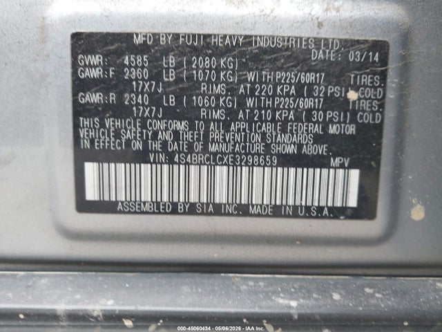 2014 Subaru Outback 2.5i Limited მანქანა იყიდება აუქციონზე, vin: 4S4BRCLCXE3298659, აუქციონის ნომერი: 45060434