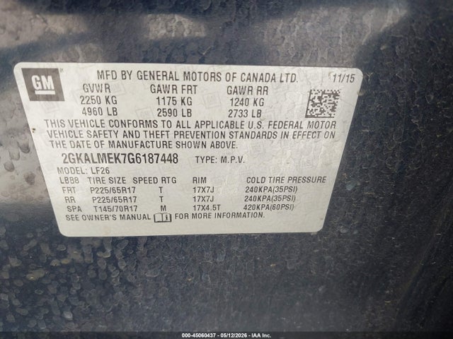 Aukcja sprzedaży 2016 Gmc Terrain Sle-1, vin: 2GKALMEK7G6187448, numer aukcji: 45060437