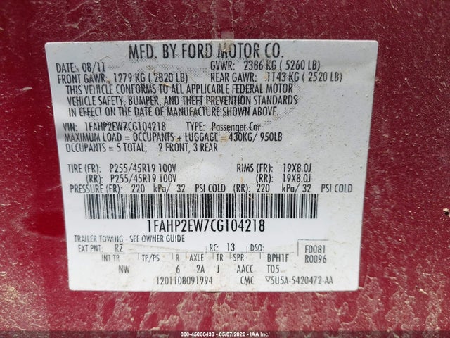 Продаж на аукціоні авто 2012 Ford Taurus Sel, vin: 1FAHP2EW7CG104218, номер лоту: 45060439