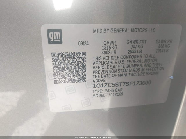 Продаж на аукціоні авто 2025 Chevrolet Malibu Fwd 1fl, vin: 1G1ZC5ST7SF123600, номер лоту: 45060441