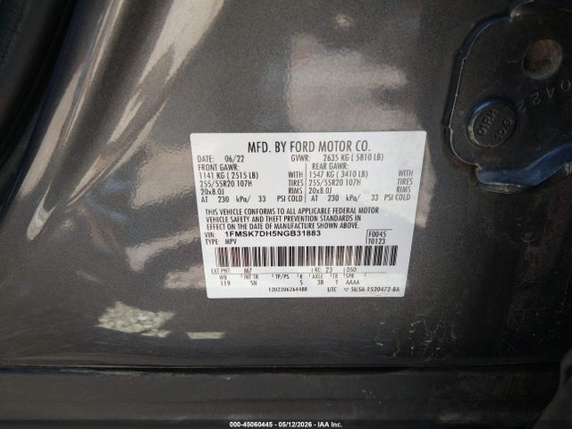 Продаж на аукціоні авто 2022 Ford Explorer Xlt, vin: 1FMSK7DH5NGB31883, номер лоту: 45060445
