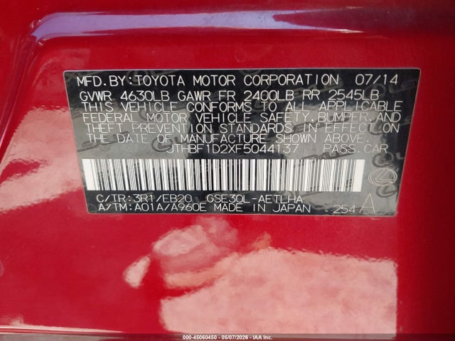 Aukcja sprzedaży 2015 Lexus Is 250, vin: JTHBF1D2XF5044137, numer aukcji: 45060450