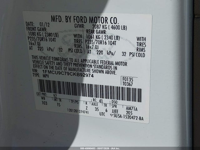 Продаж на аукціоні авто 2012 Ford Escape Xls, vin: 1FMCU9C79CKB92974, номер лоту: 45060453