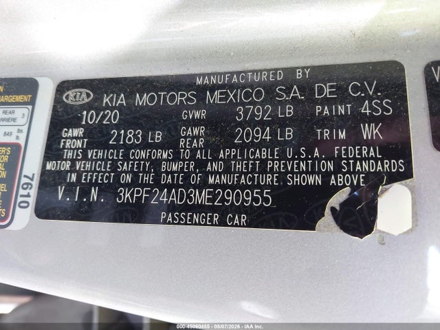 Продажа на аукционе авто 2021 Kia Forte Lxs, vin: 3KPF24AD3ME290955, номер лота: 45060455