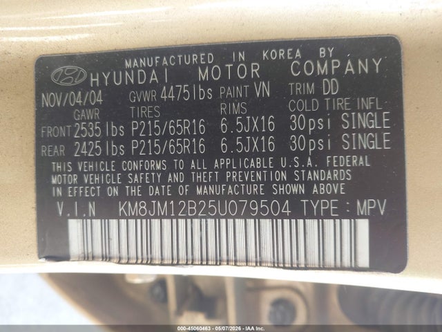 Aukcja sprzedaży 2005 Hyundai Tucson Gl, vin: KM8JM12B25U079504, numer aukcji: 45060463