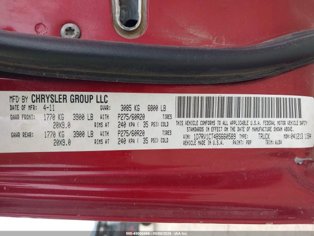 2011 Ram Ram 1500 Sport მანქანა იყიდება აუქციონზე, vin: 1D7RV1CT4BS660589, აუქციონის ნომერი: 45060466