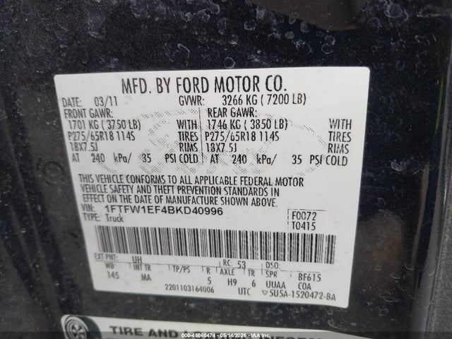 Aukcja sprzedaży 2011 Ford F-150 Xlt, vin: 1FTFW1EF4BKD40996, numer aukcji: 45060474