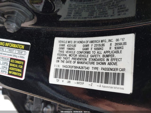 45060478 :رقم المزاد ، 1HGCR2F58HA287340 vin ، 2017 Honda Accord Sport مزاد بيع