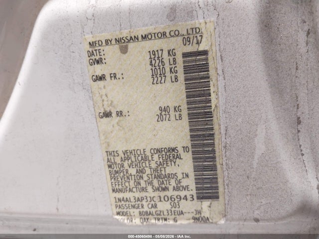 45060498 :رقم المزاد ، 1N4AL3AP3JC106943 vin ، 2018 Nissan Altima 2.5 S مزاد بيع