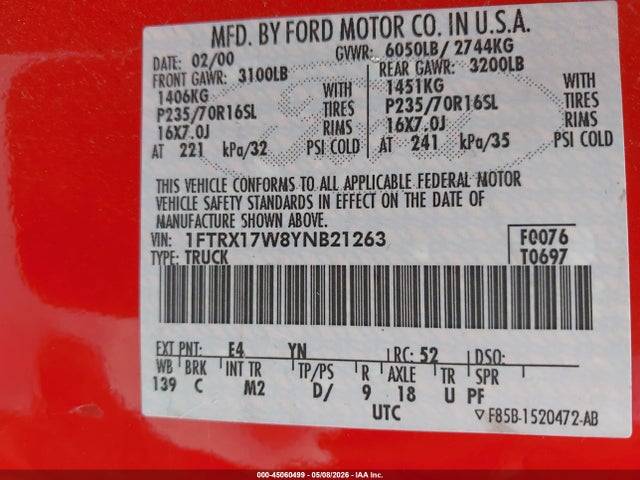 Продажа на аукционе авто 2000 Ford F-150 Lariat/work Series/xl/xlt, vin: 1FTRX17W8YNB21263, номер лота: 45060499