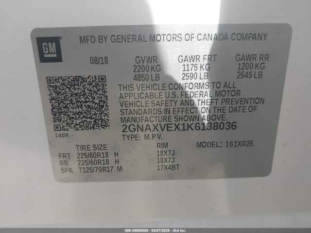 Продажа на аукционе авто 2019 Chevrolet Equinox Lt, vin: 2GNAXVEX1K6138036, номер лота: 45060500