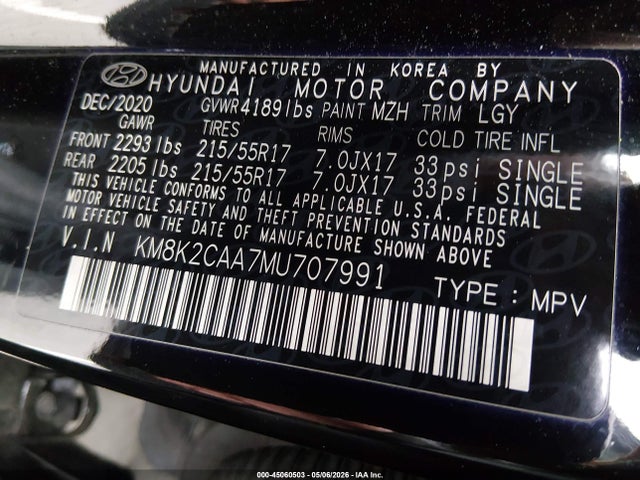 Aukcja sprzedaży 2021 Hyundai Kona Sel, vin: KM8K2CAA7MU707991, numer aukcji: 45060503