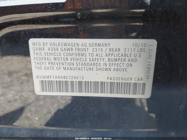 2011 Volkswagen Cc Sport მანქანა იყიდება აუქციონზე, vin: WVWMP7AN4BE726613, აუქციონის ნომერი: 45060515