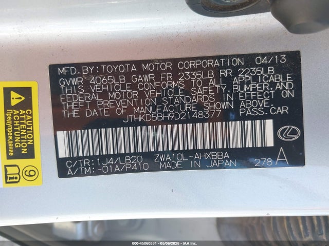 45060531 :رقم المزاد ، JTHKD5BH9D2148377 vin ، 2013 Lexus Ct 200h مزاد بيع