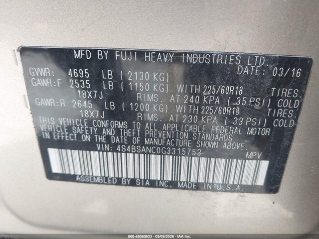 Aukcja sprzedaży 2016 Subaru Outback 2.5i Limited, vin: 4S4BSANC0G3315753, numer aukcji: 45060533