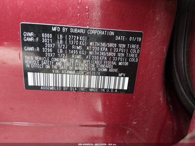 Aukcja sprzedaży 2019 Subaru Ascent Limited, vin: 4S4WMAJD2K3453670, numer aukcji: 45060538