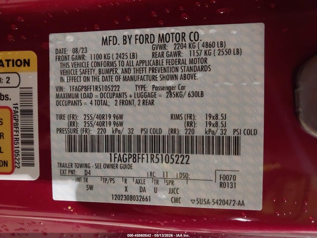 45060542 :رقم المزاد ، 1FAGP8FF1R5105222 vin ، 2024 Ford Mustang Gt Premium مزاد بيع