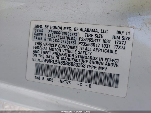 Продажа на аукционе авто 2011 Honda Odyssey Ex-l, vin: 5FNRL5H65BB083353, номер лота: 45060545