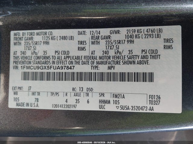 45060546 :رقم المزاد ، 1FMCU9GX5FUA97847 vin ، 2015 Ford Escape Se مزاد بيع